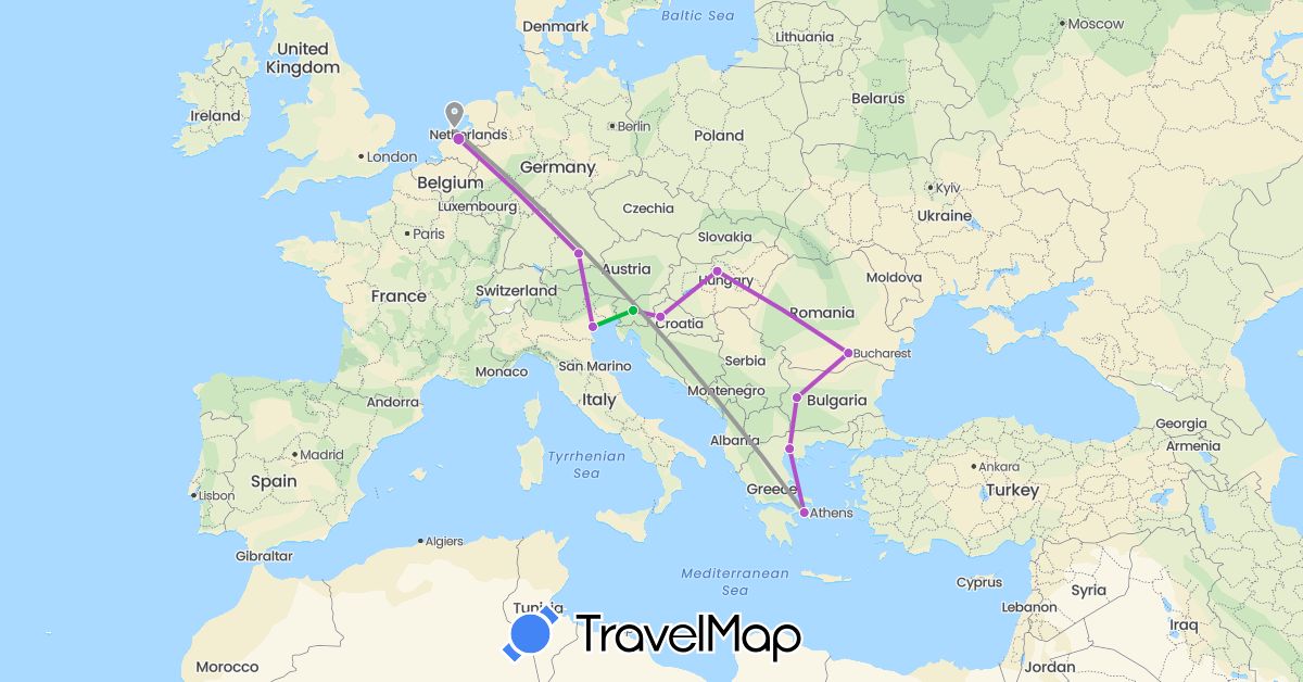 TravelMap itinerary: driving, bus, plane, train in Bulgaria, Germany, Greece, Croatia, Hungary, Italy, Netherlands, Romania, Slovenia (Europe)